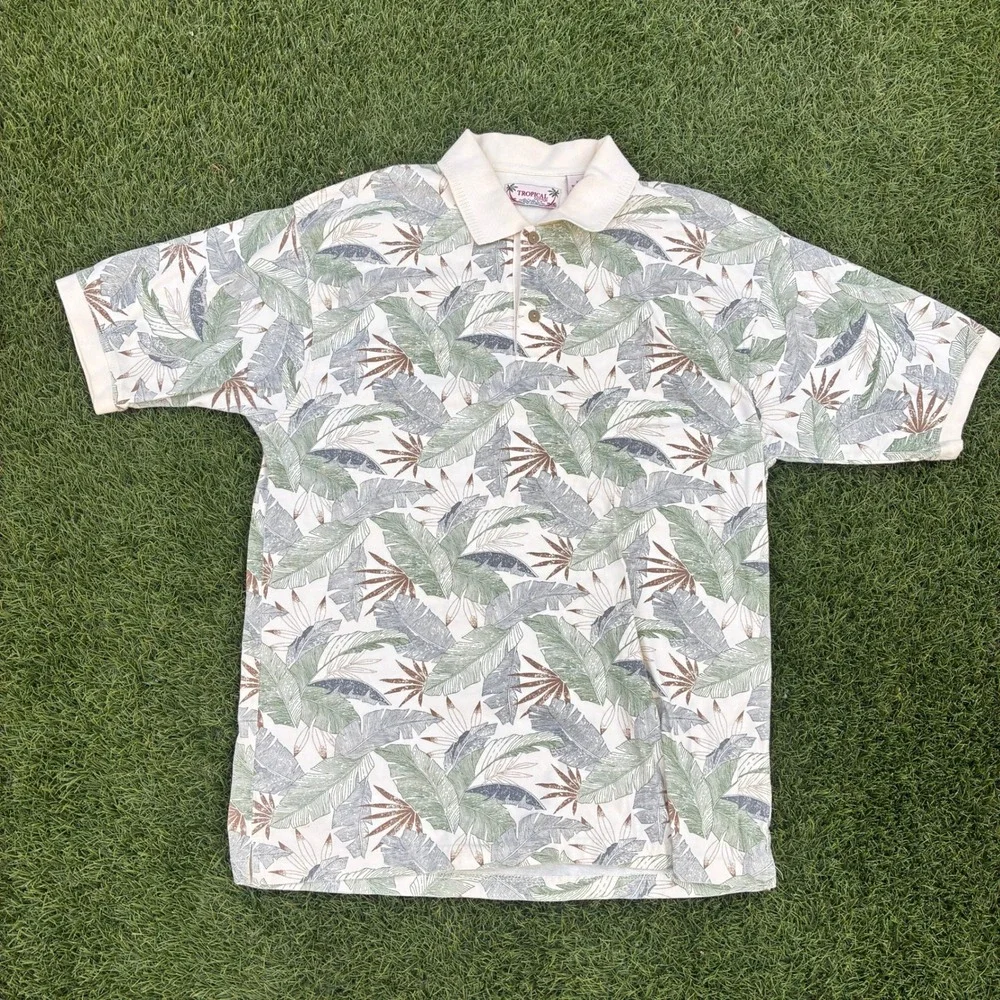 Tropical Cotton Mens XL Polo Shirt Botanical Leaf Print Short Sleeve Off White